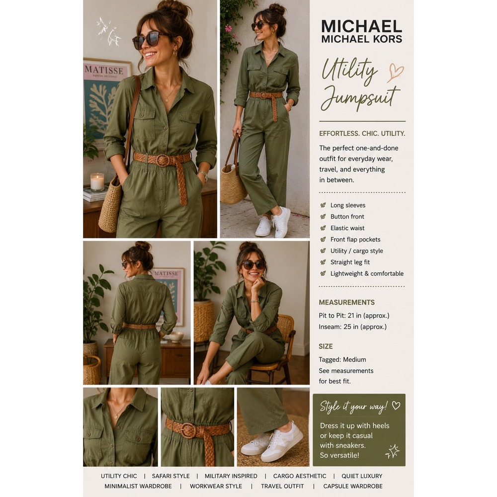 Michael Kors Olive Utility Jumpsuit Cargo Safari Military Chic Medium